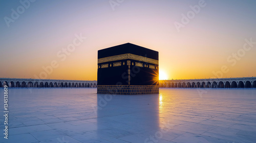 The Kaaba Standing Alone at Sunrise in the Grand Mosque of Mecca, empty
