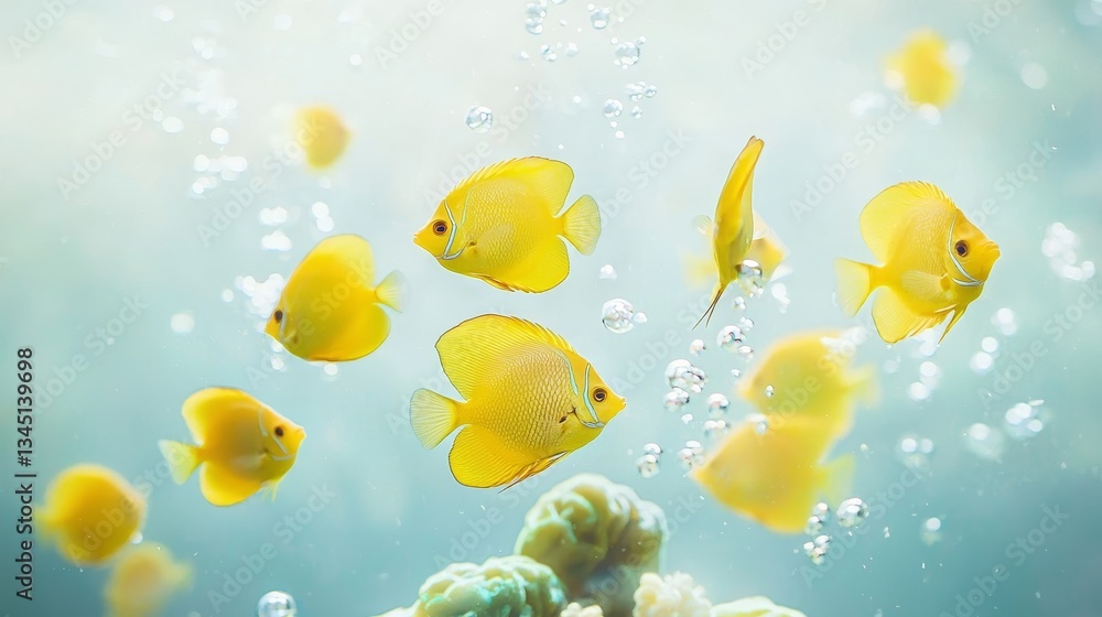 A school of yellow tang fish gliding through a serene underwater aquarium landscape, with colorful corals and bubbles rising to the surface, bathed in natural light A school of yellow tang fish gliding through a serene underwater aquarium landscape, with colorful corals and bubbles rising to the surface, bathed in natural light