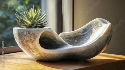 Abstract grey stone sculpture with succulent plant.