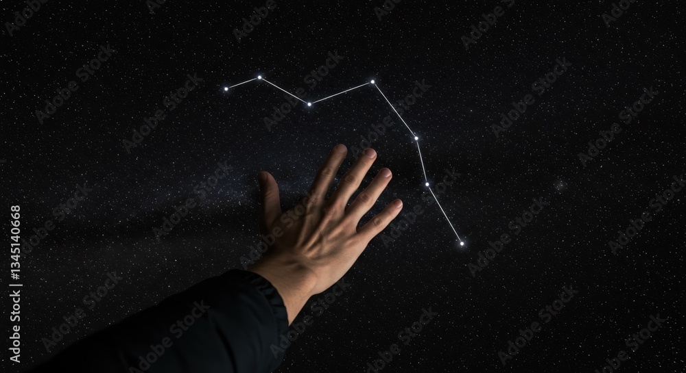 Fototapeta premium Exploring the Stars: A Hand Reaching Out to the Night Sky Constellation for Astronomy Enthusiasts and Stargazers.