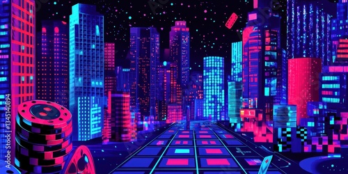 A vibrant cityscape shows colorful buildings with casino chips visible