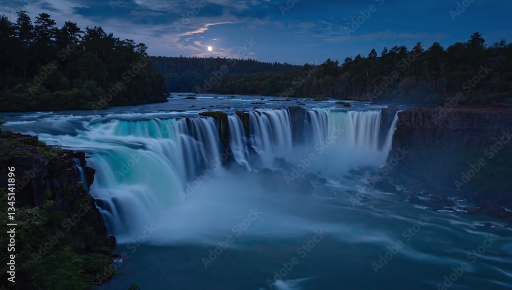 Fototapeta premium Wide Waterfall Flowing Over Rocky Ledge Under Dusk Sky