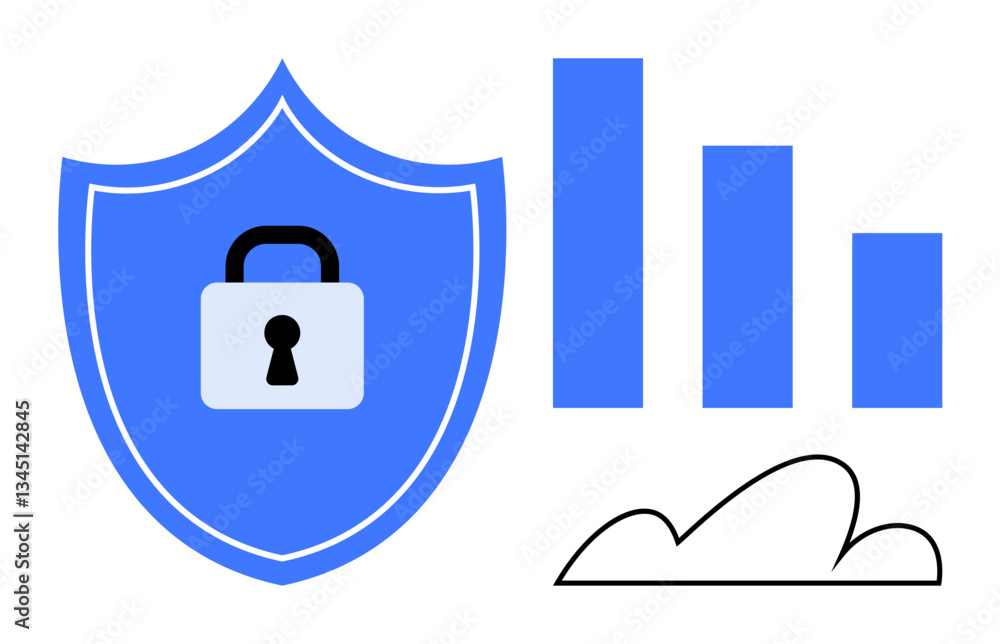 Fototapeta premium Blue shield with a lock symbol, bar chart, and cloud outline conveying data protection, privacy, cloud computing, security analytics, and safe digital storage. Ideal for cybersecurity, data