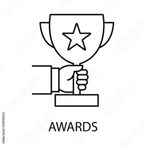 Vector icon for Awards. A hand holding a trophy with a star representing achievements and recognition.