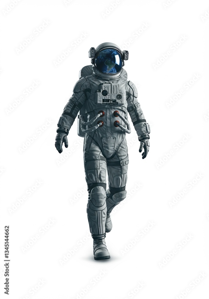 Astronaut walking in space with Earth reflected in helmet, ideal for space exploration and science fiction themes. Astronaut walking in space with Earth reflected in helmet, ideal for space exploration and science fiction themes.