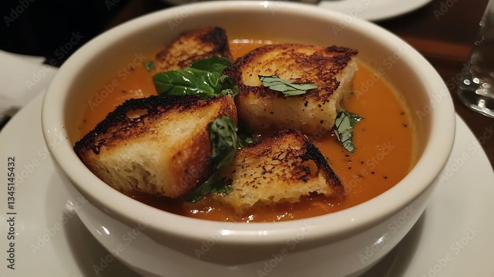 Roasted tomato garlic and basil soup with grilled cheese croutons Roasted tomato garlic and basil soup with grilled cheese croutons