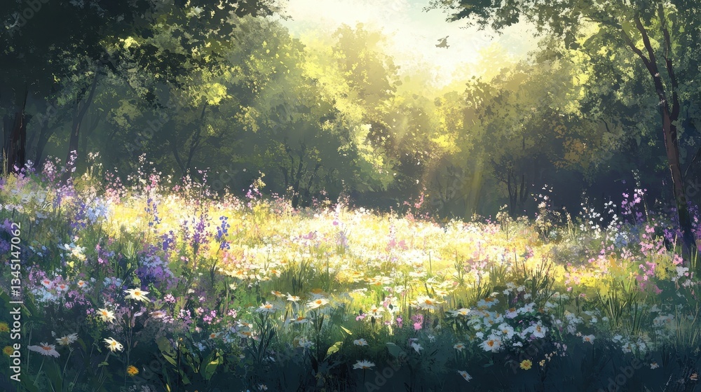Fototapeta premium Beautiful forest scene featuring sunlight filtering through trees and flowers