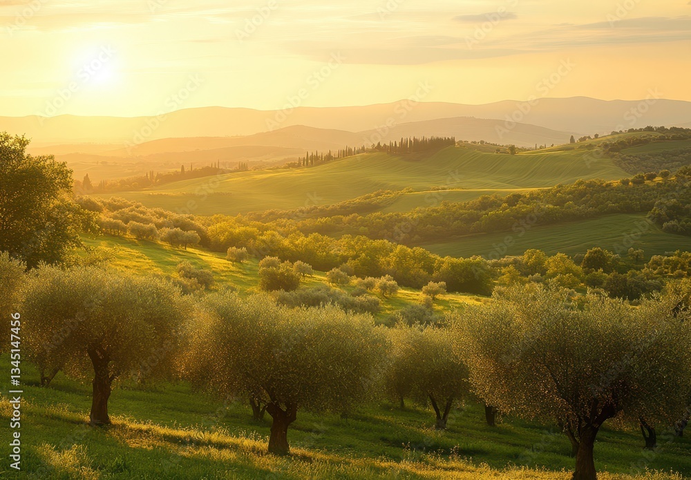 Fototapeta premium Serene Olive Grove Landscape at Sunset with Rolling Hills and Golden Sunlight Casting Warm Glow Across Lush Green Fields and Gentle Sky