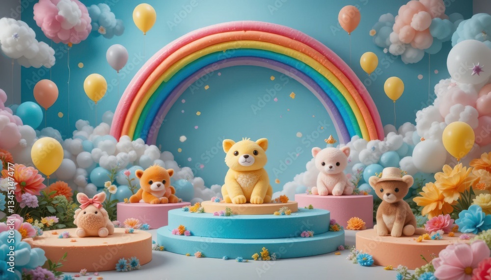 Obraz premium Joyful Celebration Plush Animals, Rainbow, and Balloons Artistic Design