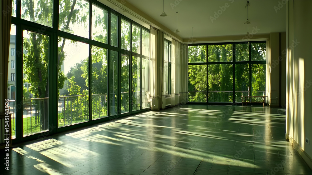 Empty Modern Interior With Large Windows And Sunlight Filling The Room With Green Views And Open Space Empty Modern Interior With Large Windows And Sunlight Filling The Room With Green Views And Open Space