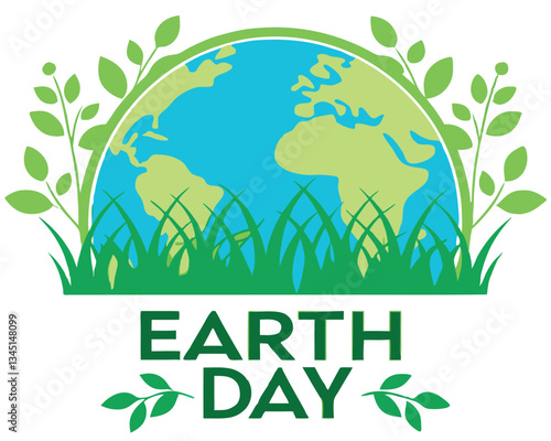 Celebrate Earth Day with this vibrant illustration featuring a partial view of the Earth above stylized grass and small green plant shoots.