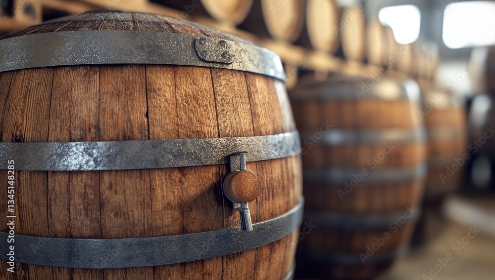 Fototapeta premium Wooden barrels in a warehouse