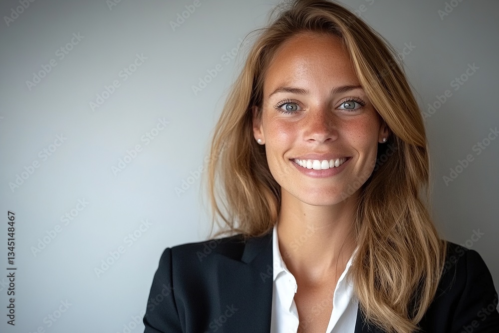Confident woman smiling in professional attire against a neutral background at a modern office Confident woman smiling in professional attire against a neutral background at a modern office
