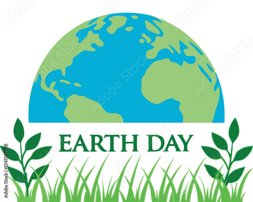 Celebrate Earth Day with this vibrant illustration featuring a partial view of the Earth above stylized grass and small green plant shoots.