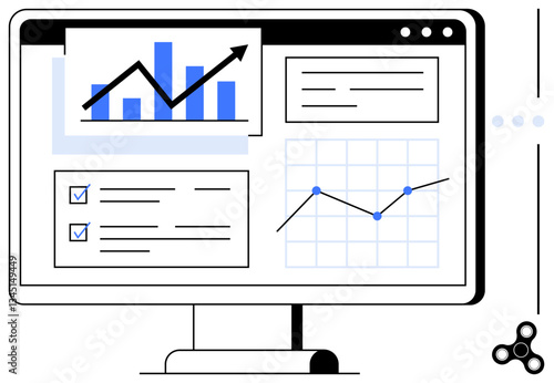 Desktop screen with bar graph, line chart, checklist, and data visualization elements. Ideal for business, analytics, reporting, performance tracking finance tech project management. Flat simple