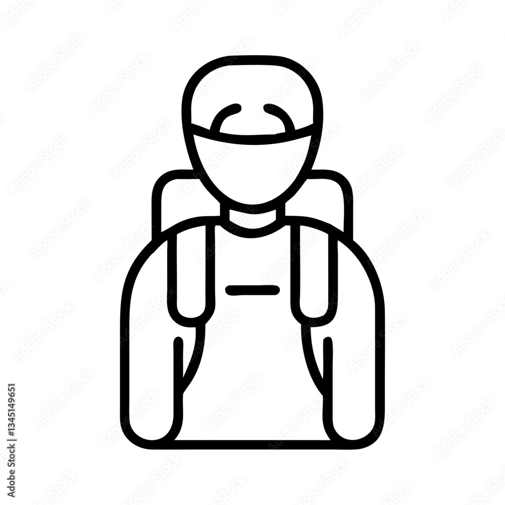 Backpacker icon wearing a backpack with a smiling expression Backpacker icon wearing a backpack with a smiling expression
