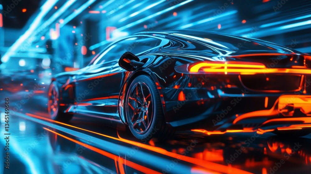 Futuristic black car in motion, glowing neon city background. Possible stock photo use Futuristic black car in motion, glowing neon city background. Possible stock photo use