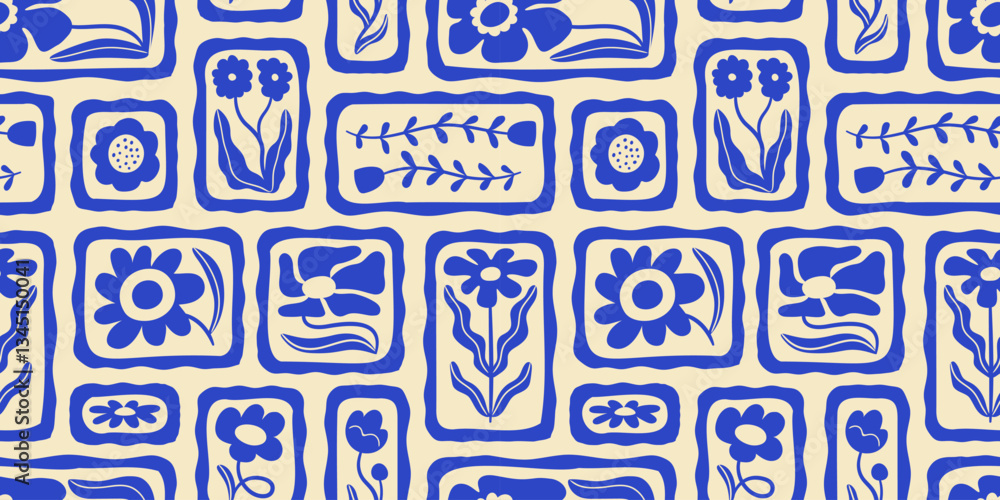 Fototapeta premium Blue floral seamless pattern illustration. Vintage style flower frame background design. Geometric natural wallpaper print, spring season nature backdrop texture with flowers.