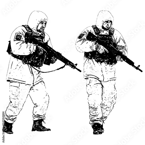 Black and White Ukraine Army Art Ilustration, standing in snow uniform