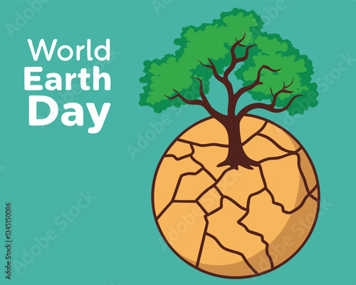 This powerful World Earth Day illustration depicts a dry, cracked planet with a resilient green sprout growing into a tree, symbolizing hope and environmental recovery.