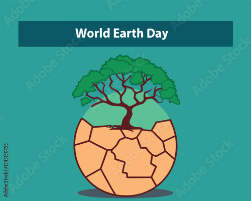 This powerful World Earth Day illustration depicts a dry, cracked planet with a resilient green sprout growing into a tree, symbolizing hope and environmental recovery.