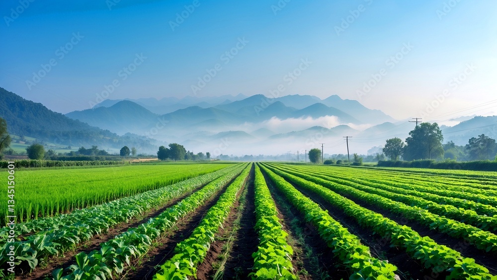 Vibrant farmland with crops and misty mountains Vibrant farmland with crops and misty mountains