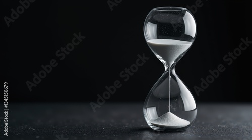 Close-up of a glass hourglass with smooth curves on a dark textured base, sharp highlights from soft light, fine sand flowing, black backdrop