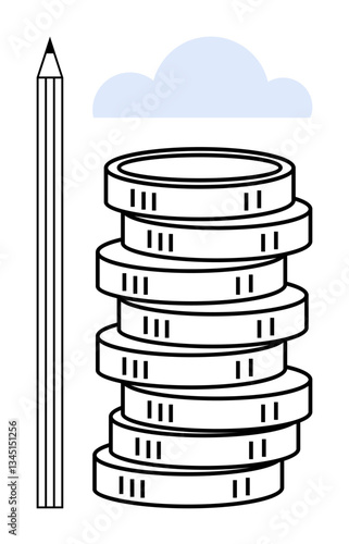 Stacked coins alongside a pencil under a cloud symbolize financial planning, savings, investment, creativity, education, productivity, and growth. Ideal for finance, education planning creative