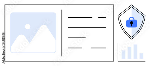 Digital card contains user photo placeholder, text lines, security shield with lock icon, and bar graph. Ideal for data protection, cybersecurity, user authentication, identity management
