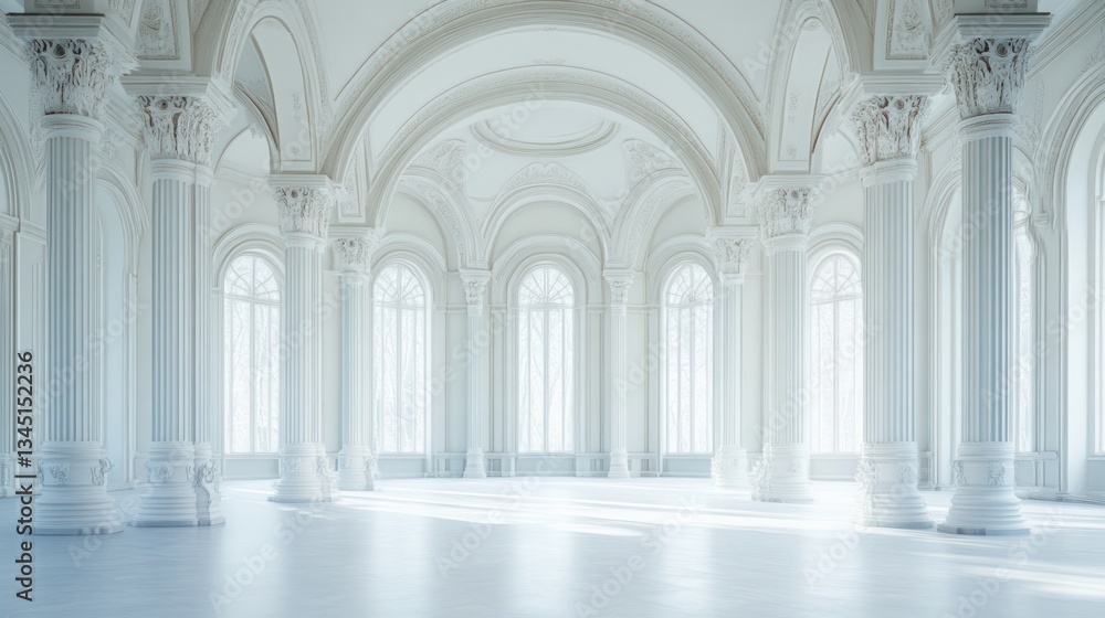 Grand Palace Interior, White Columns, Sunlight Through Windows, Elegant Hallway, Use Stock Photo Grand Palace Interior, White Columns, Sunlight Through Windows, Elegant Hallway, Use Stock Photo
