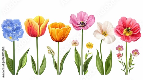 Collection of colorful spring flowers, vector artwork