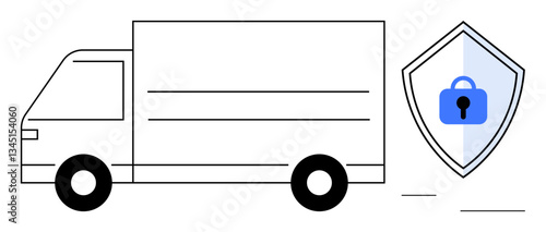 Delivery truck beside shield with padlock indicating security. Ideal for logistics, shipping, cargo protection, transport safety, courier services, secure delivery, risk management. Abstract line
