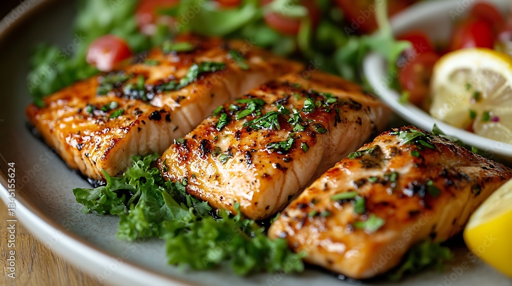 Grilled Salmon with Lemon and Herbs, Grilled salmon fillets garnished with herbs, served with lemon wedges, cherry tomatoes Grilled Salmon with Lemon and Herbs, Grilled salmon fillets garnished with herbs, served with lemon wedges, cherry tomatoes