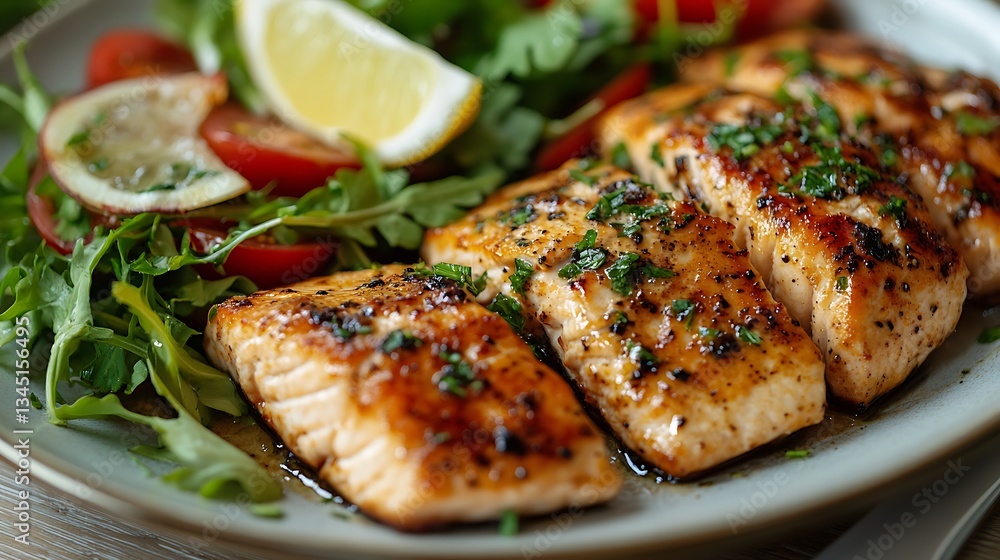 Grilled Salmon with Lemon and Herbs, Grilled salmon fillets garnished with herbs, served with lemon wedges, cherry tomatoes Grilled Salmon with Lemon and Herbs, Grilled salmon fillets garnished with herbs, served with lemon wedges, cherry tomatoes
