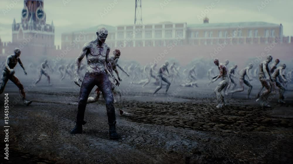 Russia apocalypse. Zombie walks on Red Square, crowd of zombies. Moscow. Russia apocalypse. Zombie walks on Red Square, crowd of zombies. Moscow.