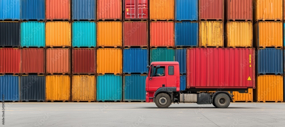 Fototapeta premium A red truck parked beside a colorful arrangement of shipping containers in a storage yard, showcasing vibrant colors and industrial efficiency.