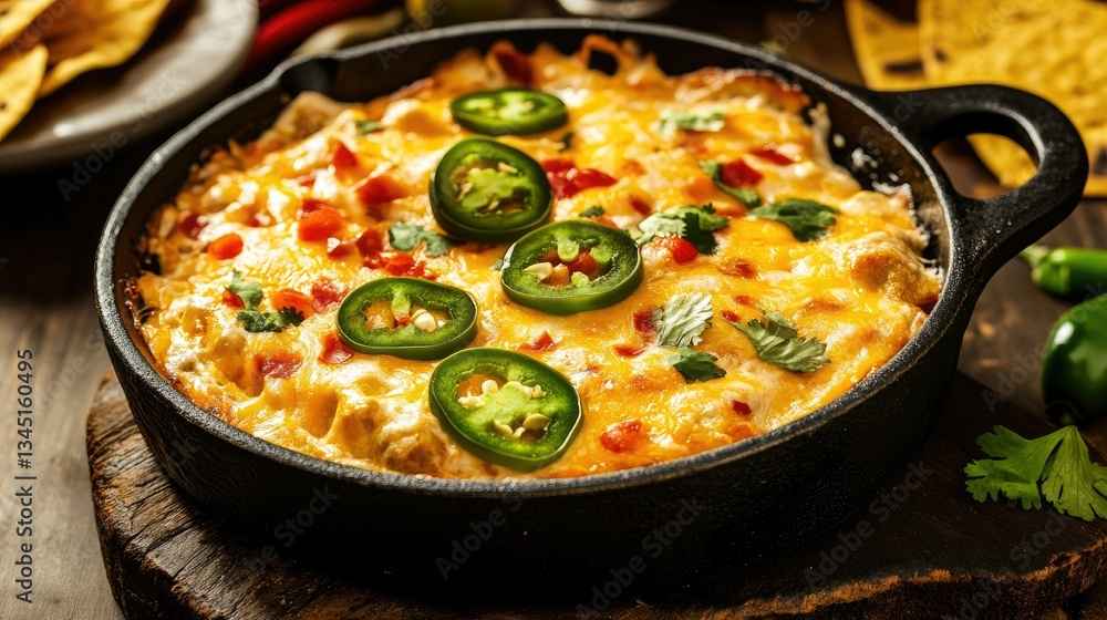 A skillet filled with warm, gooey queso dip, topped with spicy jalapenos, making it the perfect cheesy dip to accompany your favorite snacks A skillet filled with warm, gooey queso dip, topped with spicy jalapenos, making it the perfect cheesy dip to accompany your favorite snacks