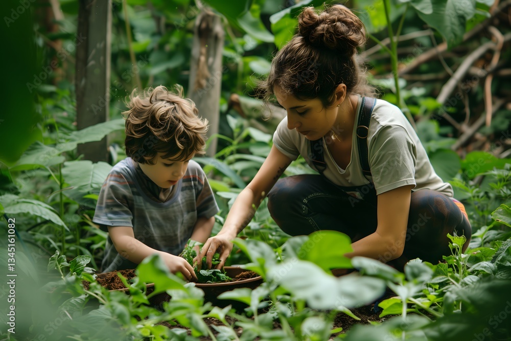 A mother and her young son bonding while gardening together in a lush green setting, fostering an appreciation of nature and collaboration. A mother and her young son bonding while gardening together in a lush green setting, fostering an appreciation of nature and collaboration.