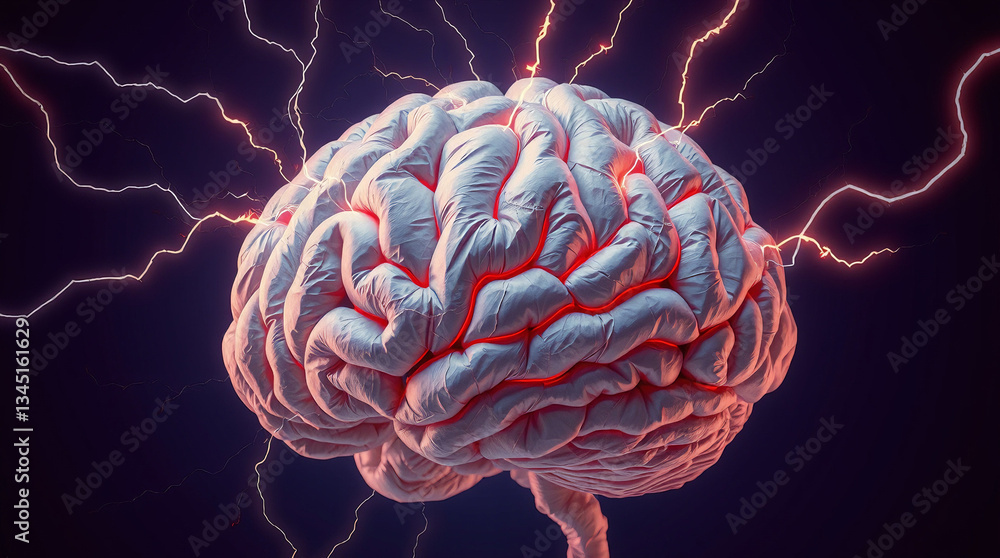 Obraz premium Human brain digital illustration. Electrical activity, flashes and lightning on a blue background. Digital Illustration of the Human Brain. Electrical Activity, Flashes, and Lightning on a Blue Backgr