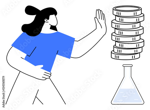 Woman with a hand gesture rejecting coins stack, next to a laboratory flask. Ideal for science funding, ethical decisions, moral challenges, budget planning, scientific research, value judgment