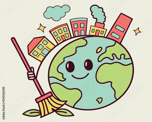 Cute Cartoon Earth Cleaning with Broom and City Buildings for Earth Day Environmental Awareness
