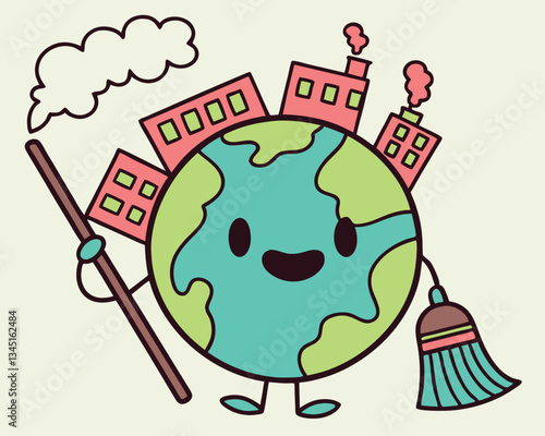 Cute Cartoon Earth Cleaning with Broom and City Buildings for Earth Day Environmental Awareness