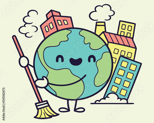 Cute Cartoon Earth Cleaning with Broom and City Buildings for Earth Day Environmental Awareness