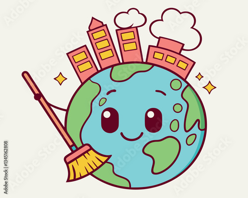 Cute Cartoon Earth Cleaning with Broom and City Buildings for Earth Day Environmental Awareness