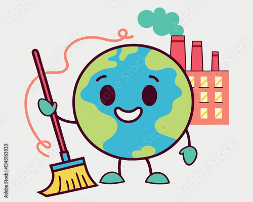 Cute Cartoon Earth Cleaning with Broom and City Buildings for Earth Day Environmental Awareness