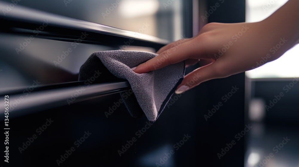 Naklejka premium Hand Cleaning a Surface with Microfiber Cloth for Hygiene and Maintenance