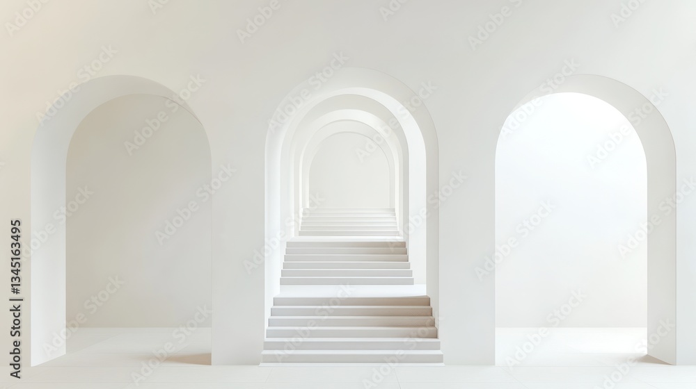 Minimalist white archways with stairs leading to light. Interior design Minimalist white archways with stairs leading to light. Interior design
