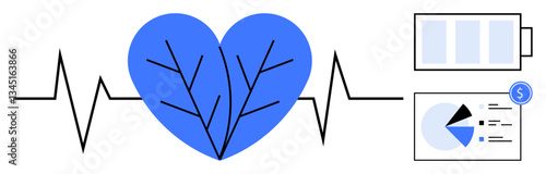 Blue heart with leaf veins, heartbeat line, battery icon, and financial chart. Ideal for sustainability, health, energy, environment finance growth trends conservation. Flat simple metaphor