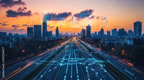 City highway network at sunset.  Digital data overlay. Stock photo