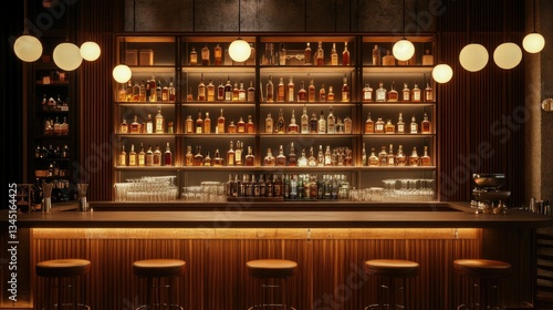 A stylish bar counter with rich whiskey tones, illuminated by soft, warm atmospheric lighting.